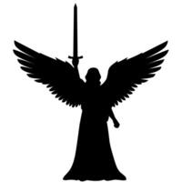 Solid black silhouette of a winged angel holding a sword. Bold and dramatic design perfect for tattoos, logos, emblems, or symbolic spiritual representations vector