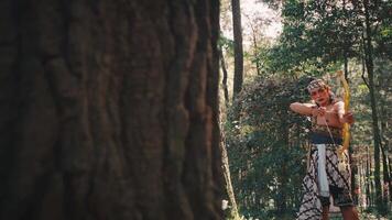 Javanese Archer Aiming Bow from Behind a Tree video