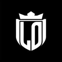 LO Letter logo shield shape inside shield badge crown on black background template design vector