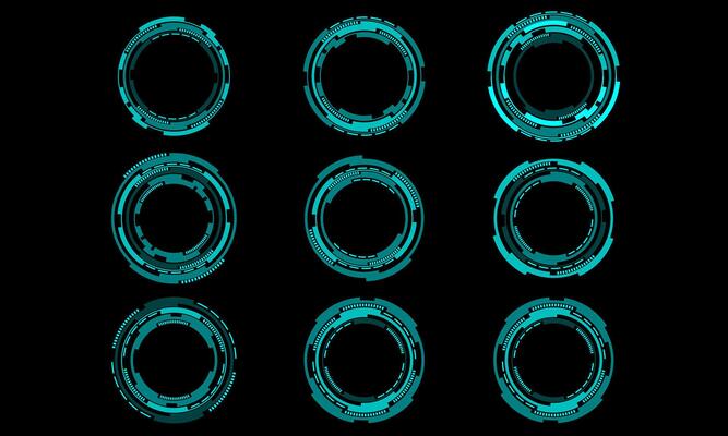Set of blue circle user interface elements technology futuristic design modern creative on black background