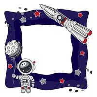 Astronaut with a moon balloon, rocket, stars. Square frame. Hand drawn illustration. For Cosmonautics Day cards, banners, posters, covers, tickets, invitations. vector