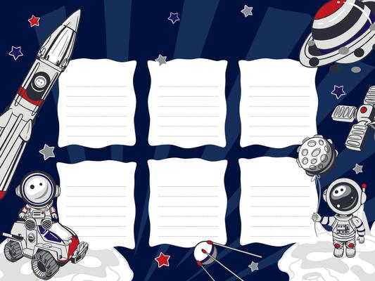 School timetable template with astronauts. Rocket, planet, satellite, stars, space man with moon and sitting on car. Hand drawn illustration. For making a childs lesson schedule.