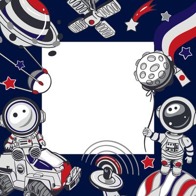 Astronauts, planets, stars, satellite. Square frame. Hand drawn illustration. For Cosmonautics Day cards, banners, posters, covers, tickets, invitations.