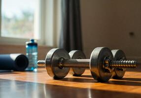 Dumbbells and water bottle on a wooden table photo