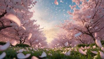 Cherry Blossom Petals Falling in Springtime Garden with Sunlight photo