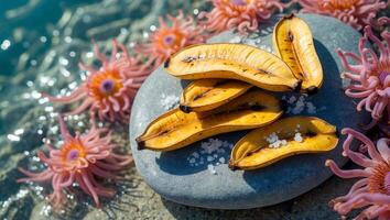 Arrangement of Baked Plantains with Salt on Stone Surrounded by Flowers photo