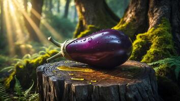 Eggplant Still Life on Wood Stump in Forest with Sunlight photo