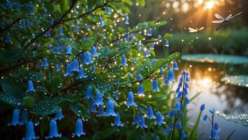 Bluebell Flowers Blooming Near Pond with Dragonflies at Golden Hour photo
