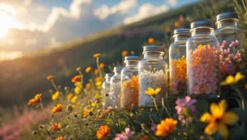 Glass Jars Filled with Tiny Flowers on Grassy Hill at Sunset photo