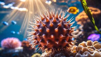 Spiky Sea Urchin Close-up with Underwater Coral Reef and Fish photo