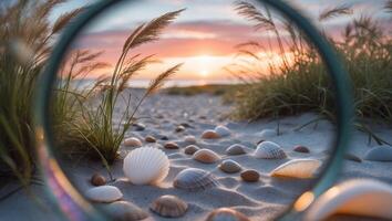 Seashells on Sandy Beach with Sea Oats at Colorful Sunset photo