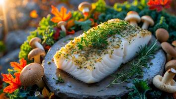 Baked Fish Fillet with Herbs on Stone Slate with Mushrooms photo