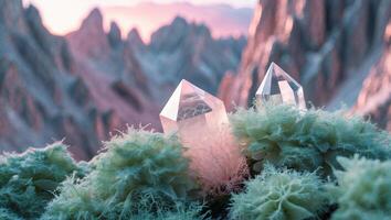 Crystals on Mossy Ground in Mountain Landscape at Sunrise photo