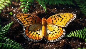 Butterfly Resting on Soil with Fern Plants in the Garden photo