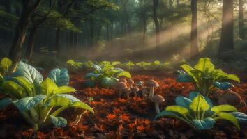 Mushrooms and Plants in Forest with Autumn Leaves and Sunlight photo
