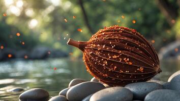 Brown Pod on Rocks by River with Petals and Sunlight photo