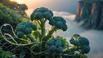 Broccoli Plant Growing Outdoors with Water Droplets in Natural Setting photo