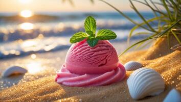Pink Ice Cream Scoop on Sandy Beach with Mint Garnish photo
