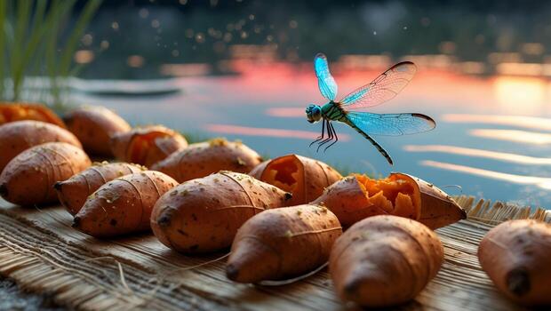 Dragonfly Hovering Above Sweet Potatoes Displayed on Mat with Water Backdrop photo