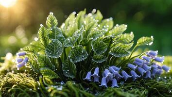 Close-up of Bell Flowers and Green Leaves with Water Droplets in Sunlight photo