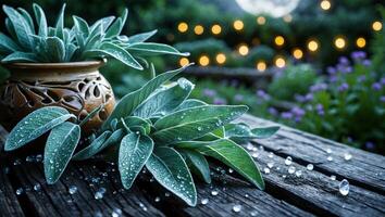 Green Lambs Ear Plants with Water Droplets on Wood Surface photo