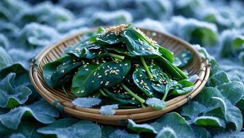 Spinach in Basket on Dusty Miller Leaves with Sesame Seeds photo
