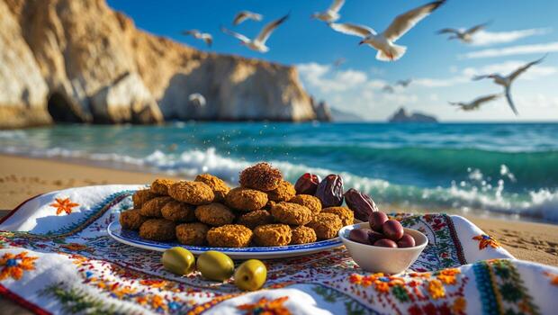 Enjoying a Coastal Picnic with Falafel, Olives and Dates photo