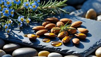 Almonds with Oil on Slate with Flowers and Pebbles Background photo