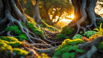 Tree Root System Covered in Moss at Sunset Forest Landscape photo