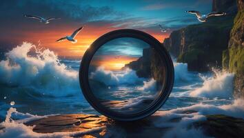 Seascape with Waves Crashing and Circle Frame at Sunset photo