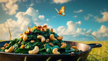 Spinach and Cashew Dish Outdoors with Butterfly Against Cloudy Sky photo