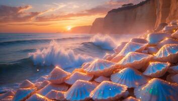Seashells on Beach at Sunset with Ocean Wave and Cliff View photo