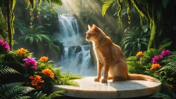 Ginger Cat Sits Overlooking Waterfall in a Lush Tropical Paradise photo
