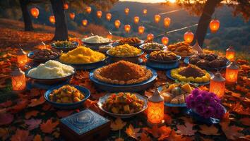 Celebrating with Festive Food and Lanterns on Colorful Autumn Leaves photo