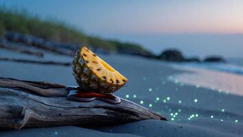 Pineapple Slice on Wood at Beach with Evening Sky Backdrop photo
