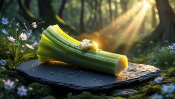 Celery with Butter on Slate Slab in Sunny Forest Glade photo