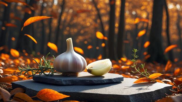 Garlic and Onion on Stone Slabs in Autumn Forest Setting photo