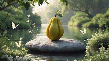 Yellow Fruit on Rock with Butterflies by River in Nature photo