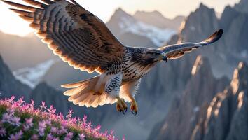 Hawk Soaring Over Mountain Flowers During Sunrise in a Scenic Landscape photo