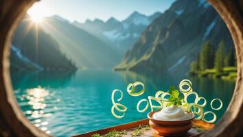 Creamy Dip with Herbs and Leek Rings Overlooking Mountain Lake photo