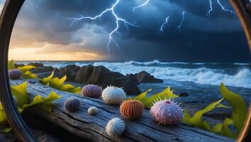 Sea Urchins on Driftwood Amidst Stormy Seas and Lightning Display photo