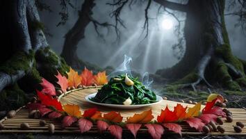 Steaming Spinach with Garlic in Woodland Setting with Autumn Leaves photo