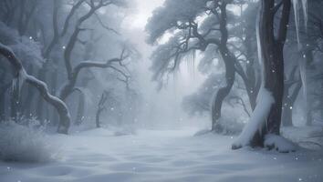 Snow Covered Forest Scene with Fog and Icicles on Trees photo
