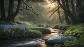 Flowing Stream Through Forest with Blue Flowers and a Feather photo
