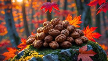 Pile of Walnuts on Mossy Rock with Autumn Leaves Background photo