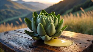 Artichoke on Wood Table with Oil Drizzle and Mountain View photo