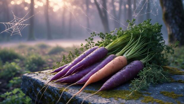 Fresh Harvested Carrots Displayed on Stone Slab in Forest Setting photo