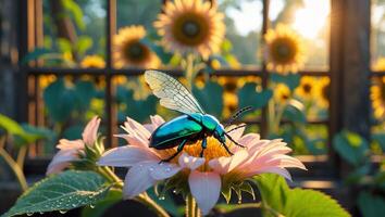 Iridescent Beetle Resting on Flower with Sunflowers in the Background photo
