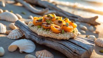 Apricot and Pistachio Dessert on Log at Beach with Seashells photo