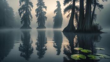 Trees Standing in Foggy Water with Lily Pads Reflection Scene photo